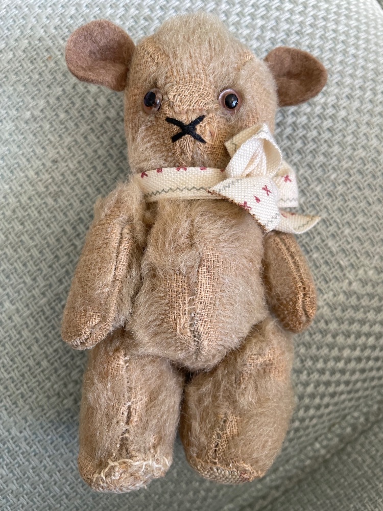 Johnny, Small Chad Valley Father teddy bear with blue and white woven label on inside leg 5"  1930's