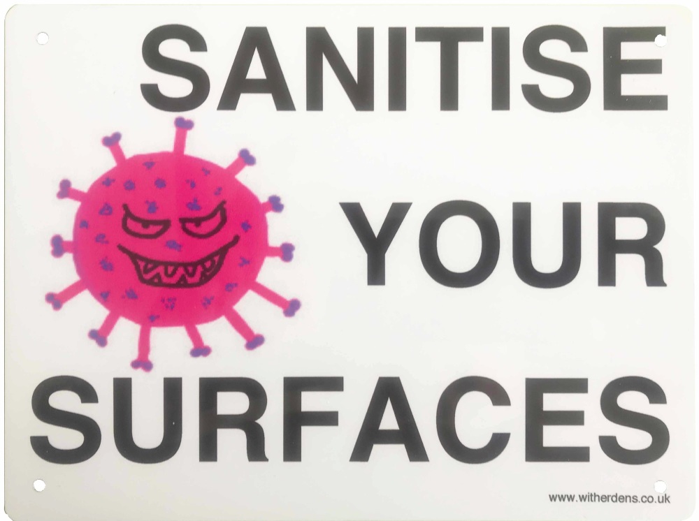 'Sanitise Your Surfaces.' - Metal sign with Vic and Vera Virus.