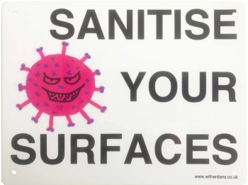 'Sanitise Your Surfaces.' - Metal sign with Vic and Vera Virus - Free UK Delivery