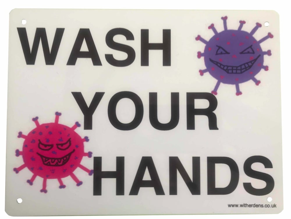 'Wash Your Hands.' - Metal Sign with Vic and Vera Virus