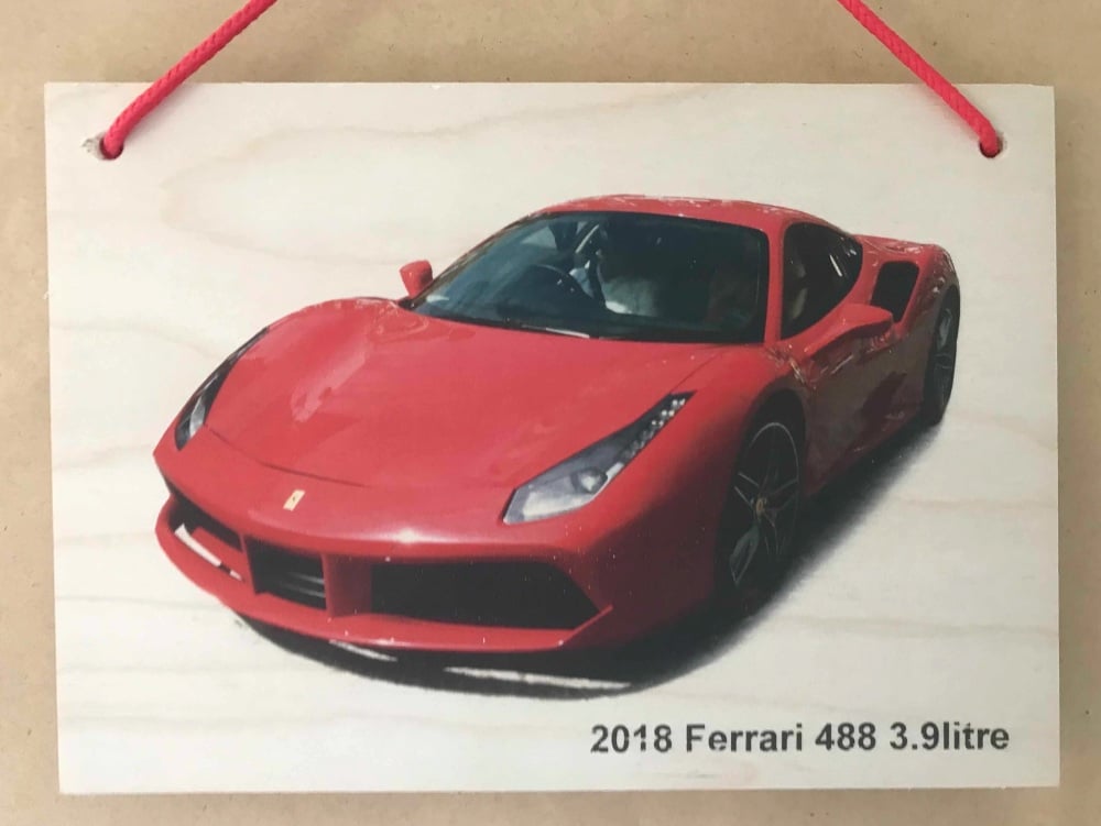 Ferrari 488 3.9litre 2018 (Red) - Photograph printed on Wood Plaque (148x21