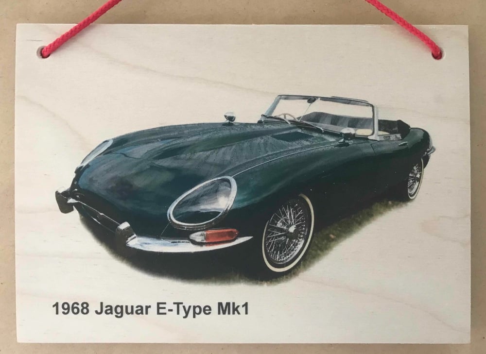 Jaguar E-Type Mk1 1988 - Photograph printed onto Wooden Plaque 148 x 210mm