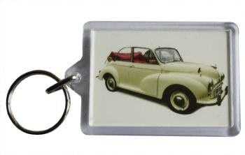 Morris Minor Convertible 1965 (Cream) - Plastic Keyring with 35 x 50mm Insert - Free UK Delivery