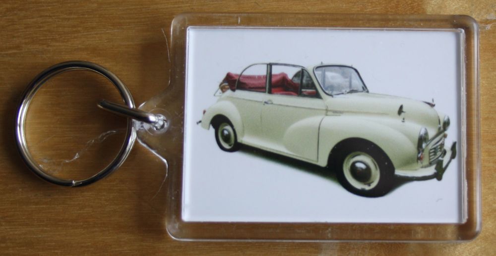 Morris Minor Convertible 1965 (Cream) - Plastic Keyring with 35 x 50mm Inse