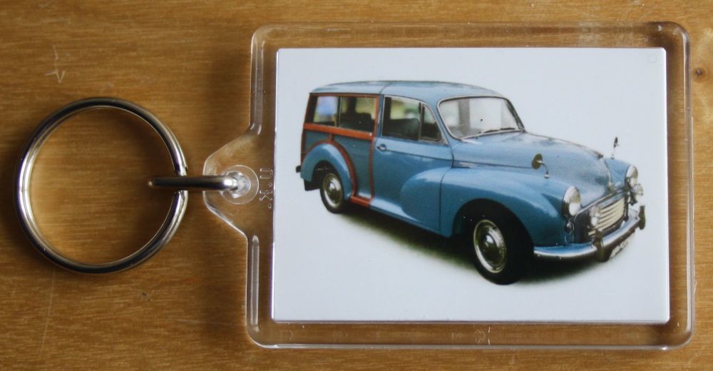 Morris Minor Traveller 1960 (Mid Blue) - Plastic Keyring with 35 x 50mm Ins