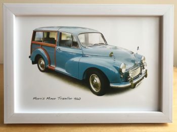 Morris Minor Traveller 1960 (Mid Blue) -  Photo (4x6in) in a White or Black coloured frame- Free UK Delivery