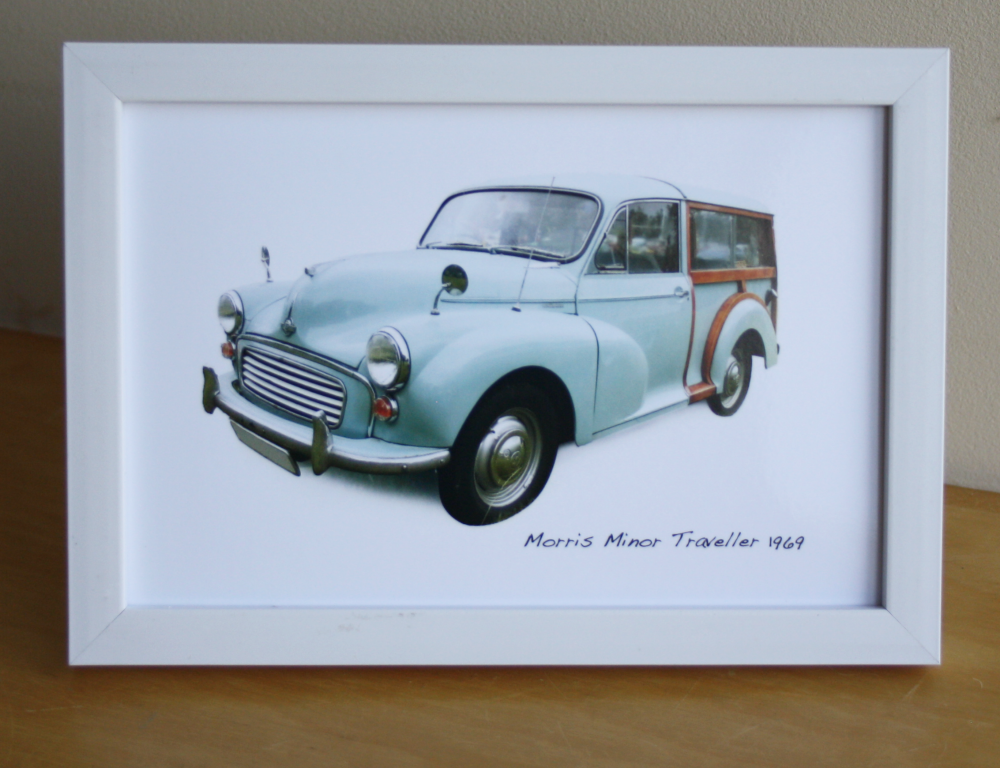 Morris Minor Traveller 1969 (Pale Blue) - Photograph (4x6in) in Black, Whit