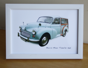 Morris Minor Traveller 1969 (Pale Blue) - 4 x 6in Frame in Black or White Colour - Free UK Delivery