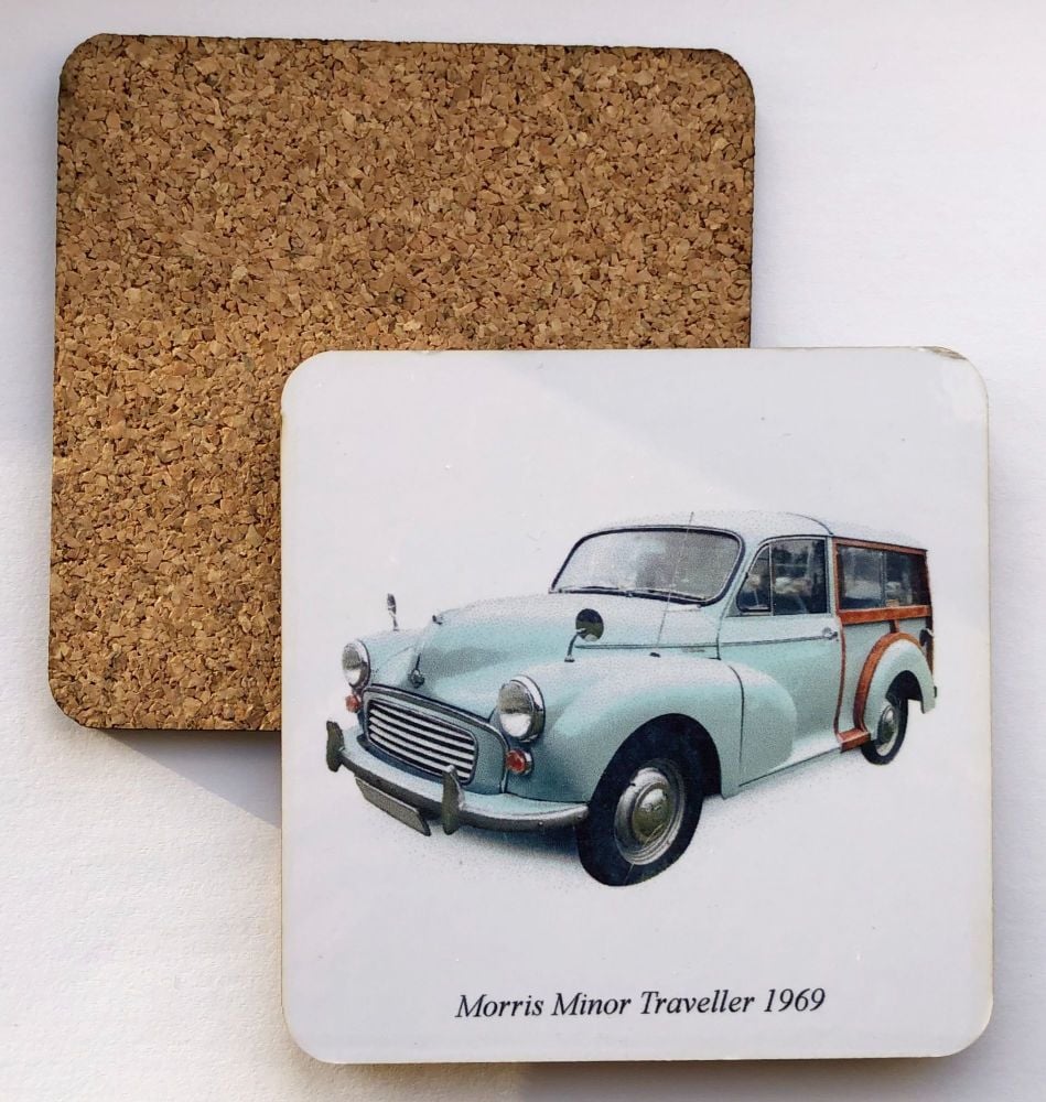 Morris Minor Traveller 1961 (Pale Blue) - 95mm Coasters with Cork back - No