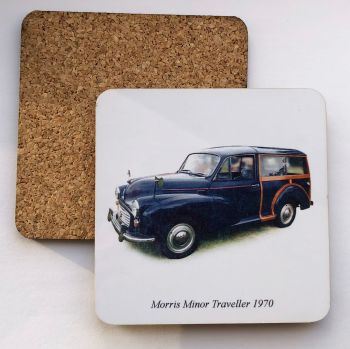 Morris Minor Traveller 1970 (Black) - 95mm Coasters with Cork back - Novelty Gift for Car Enthusiast
