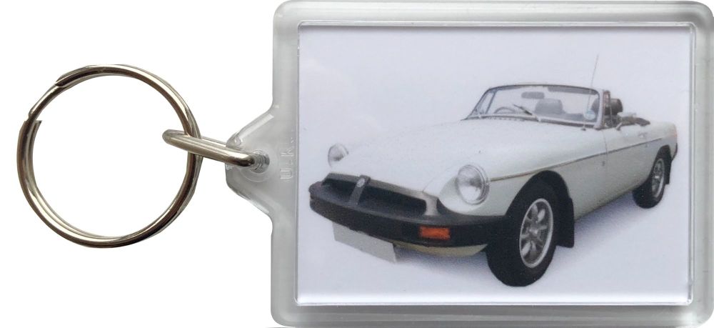 MGB Convertible 1977(White) - Plastic Keyring with 35 x 50mm Insert - Free 
