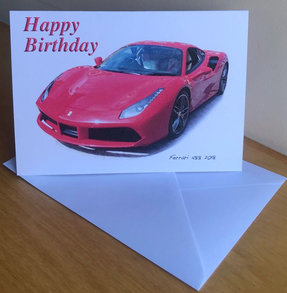 Ferrari 488 2018 - Birthday, Anniversary, Retirement or Blank Card & Envelo