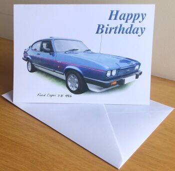 Ford Capri 2.8i 1986 (Blue) - Birthday, Anniversary, Retirement or Blank Card & Envelope