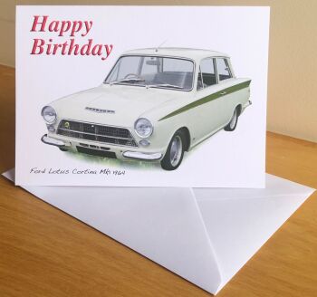 Ford Lotus Cortina Mk1 1964 - Birthday, Anniversary, Retirement or Blank Card & Envelope