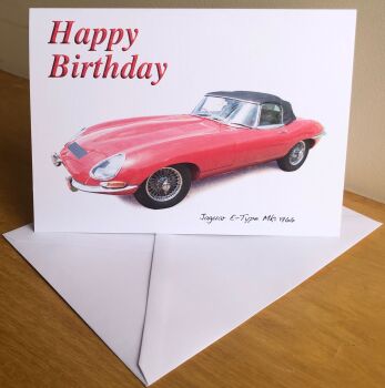 Jaguar E-Type Mk1 1966 (Red) - Birthday, Anniversary, Retirement or Blank Card & Envelope