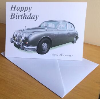 Jaguar Mk 2 2.4 1962 (Grey) - Birthday, Anniversary, Retirement or Blank Card & Envelope