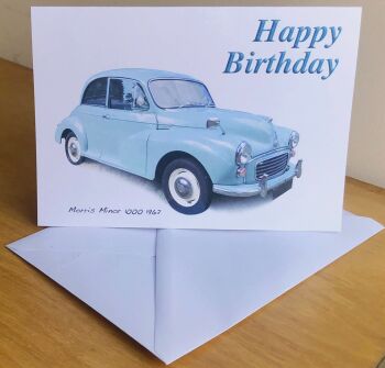 Morris Minor 1000 1962 (Pale Blue) - Birthday, Anniversary, Retirement or Blank Card & Envelope