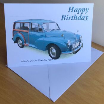 Morris Minor Traveller 1960 (Mid Blue) - Birthday, Anniversary, Retirement or Blank Card & Envelope