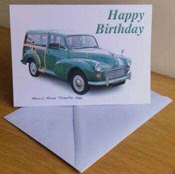 Morris Minor Traveller 1966 (Green) - Birthday, Anniversary, Retirement or Blank Card & Envelope