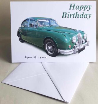 Jaguar Mk 2 3.8 1964 (Green) - Birthday, Anniversary, Retirement or Blank Card & Envelope