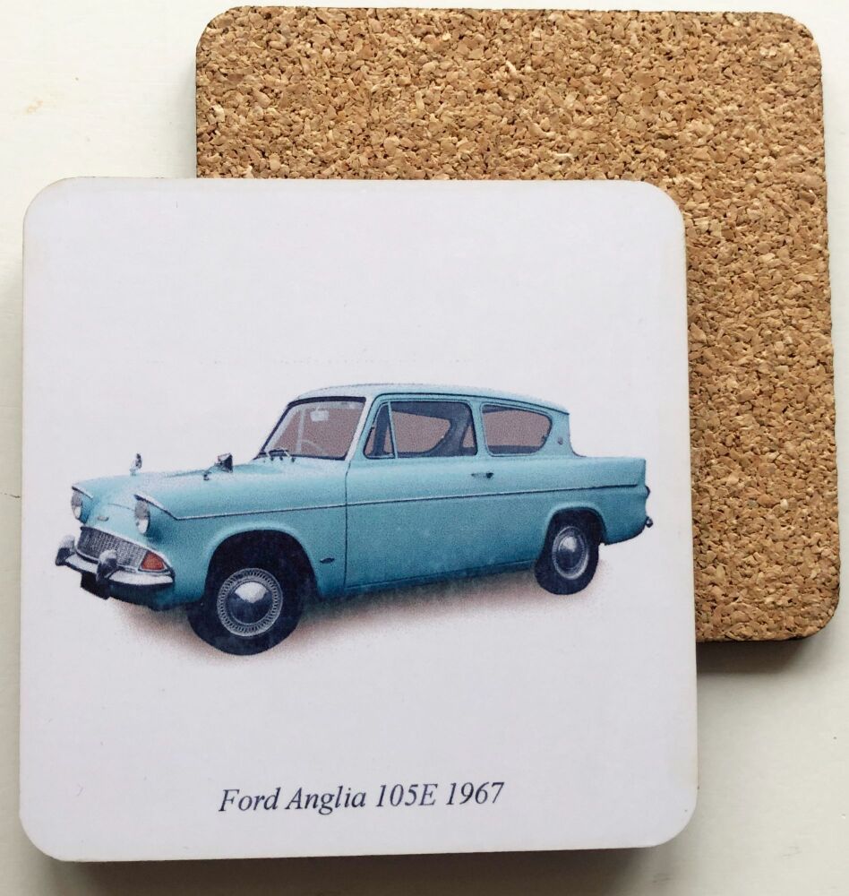 Ford Anglia 1967 - 95mm Coasters with Cork back - Single or Set of Four(4)