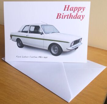 Ford Lotus Cortina Mk2 1969- Birthday, Anniversary, Retirement or Blank Card & Envelope