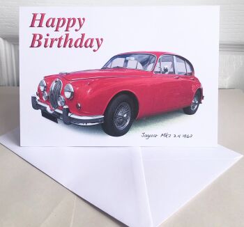 Jaguar Mk 2 3.4 1962 (Red) - Birthday, Anniversary, Retirement or Blank Card & Envelope