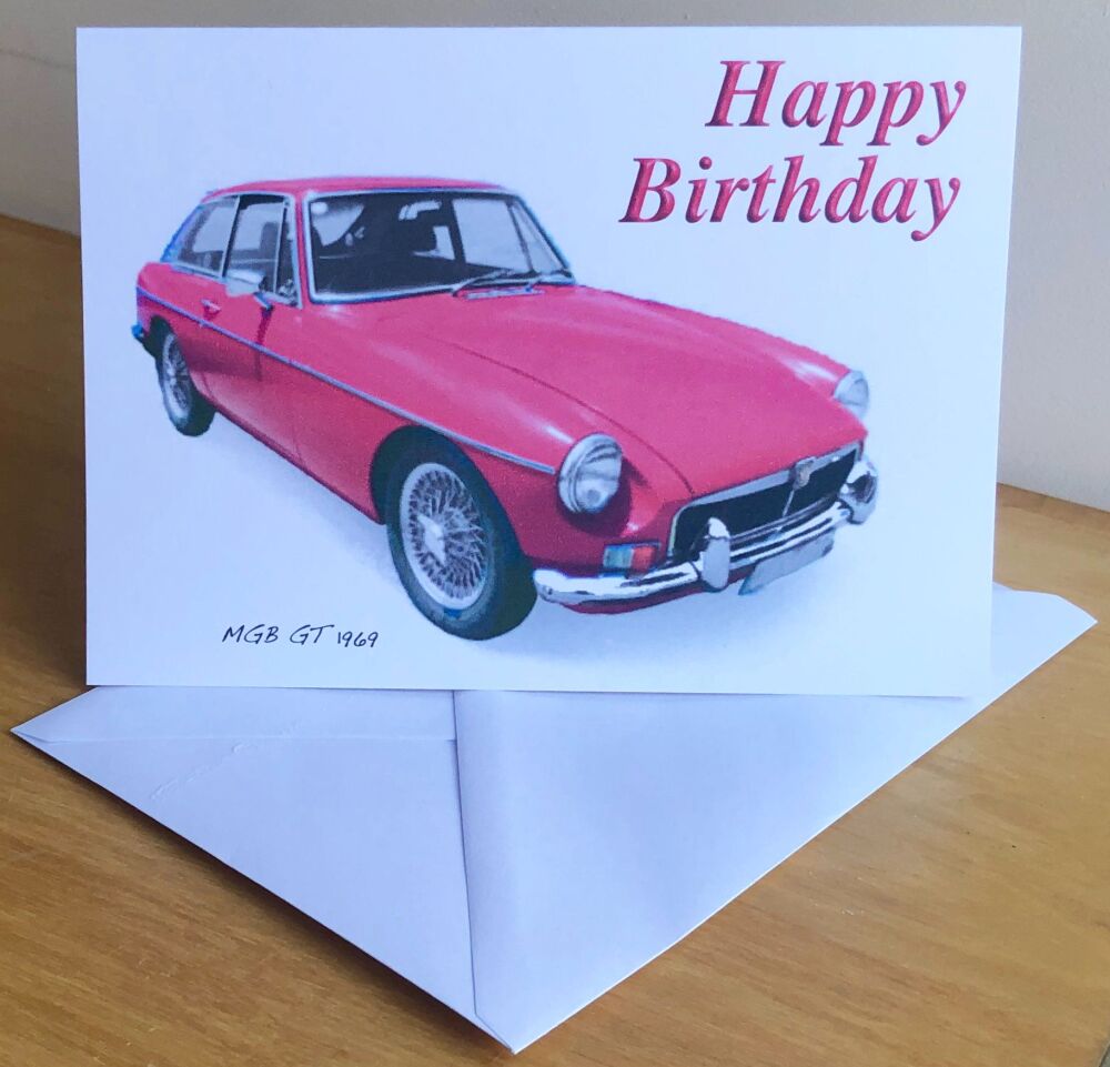 MGB GT 1969 (Red) - Birthday, Anniversary, Retirement or Blank Card & Envel