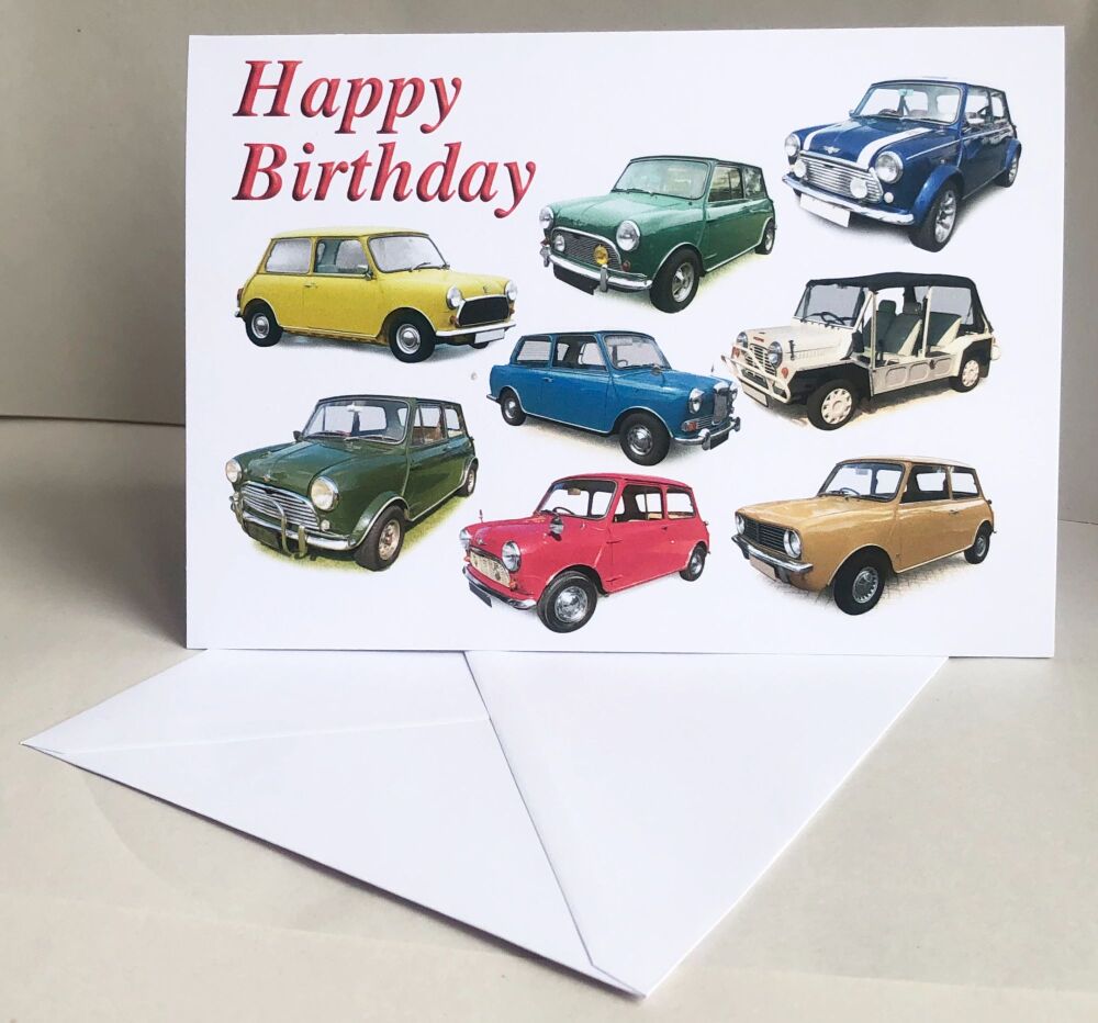 Mini Classic Cars - Birthday, Anniversary, Retirement or Blank Card & Envel