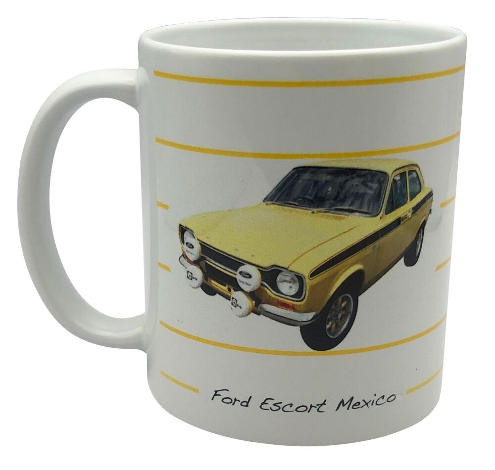 Ford Escort Mexico Mk1 (Yellow) 1974 - 11oz Ceramic Mug - Design with Lines - Single or Set of Four(4)