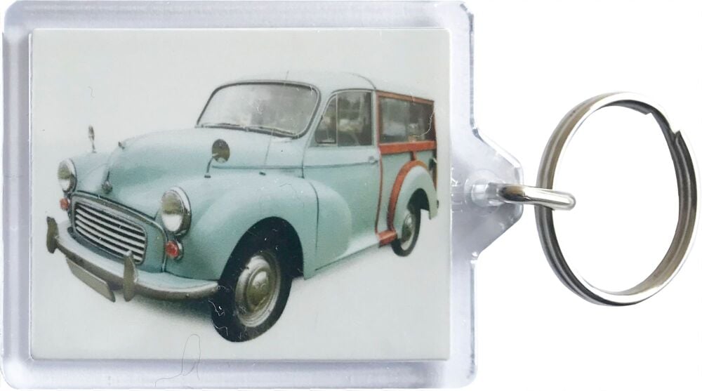 Morris Minor Traveller 1969 (Pale Blue) - Plastic Keyring with 35 x 50mm Insert - Free UK Delivery