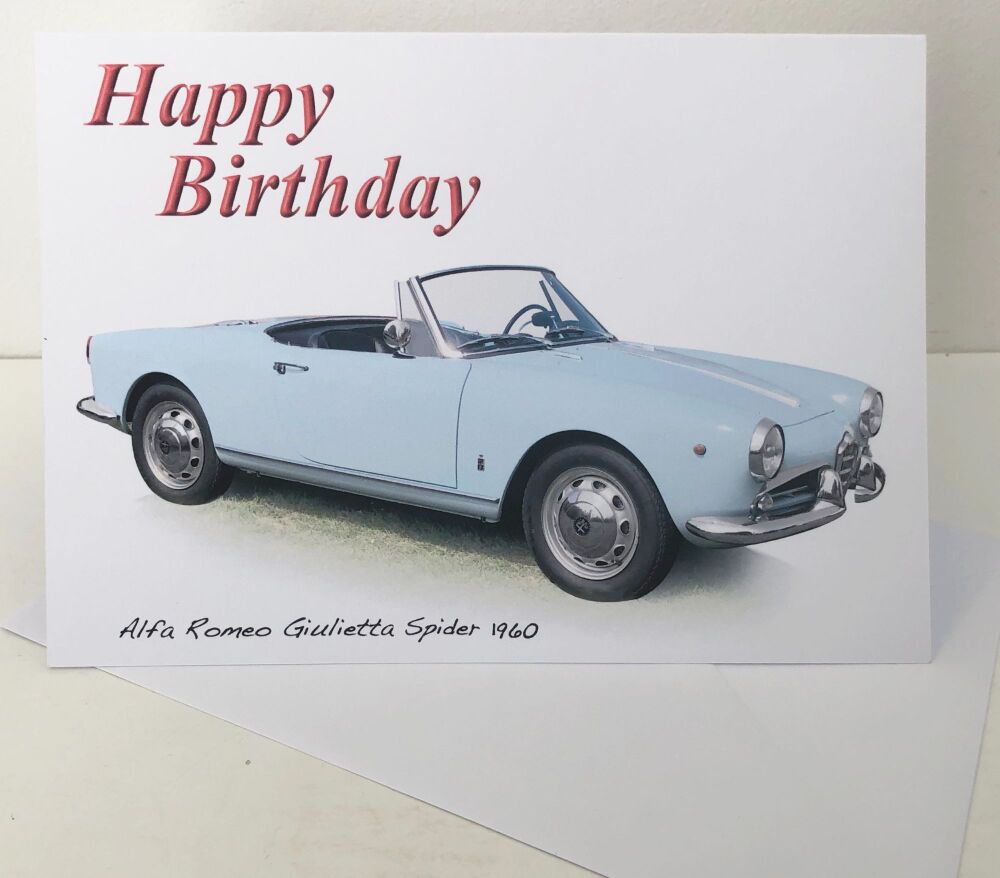 Alfa Romeo Giulietta Spider 1960- Birthday, Anniversary, Retirement or Blank Card & Envelope