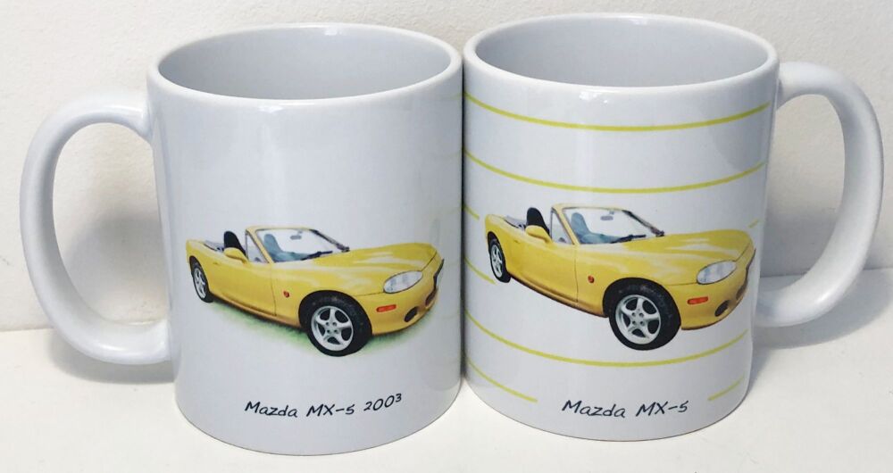 Mazda MX-5 Mk 2 2003 (Yellow) - 11oz Ceramic Mug - Plain or Stripy Design - Single, Pair(2) or Set of Four(4)