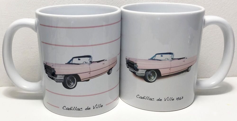 Cadillac de Ville 1963 (Pink) -  11oz Ceramic Mug - Plain or Stripy Design - Single, Pair(2) or Set of Four(4)