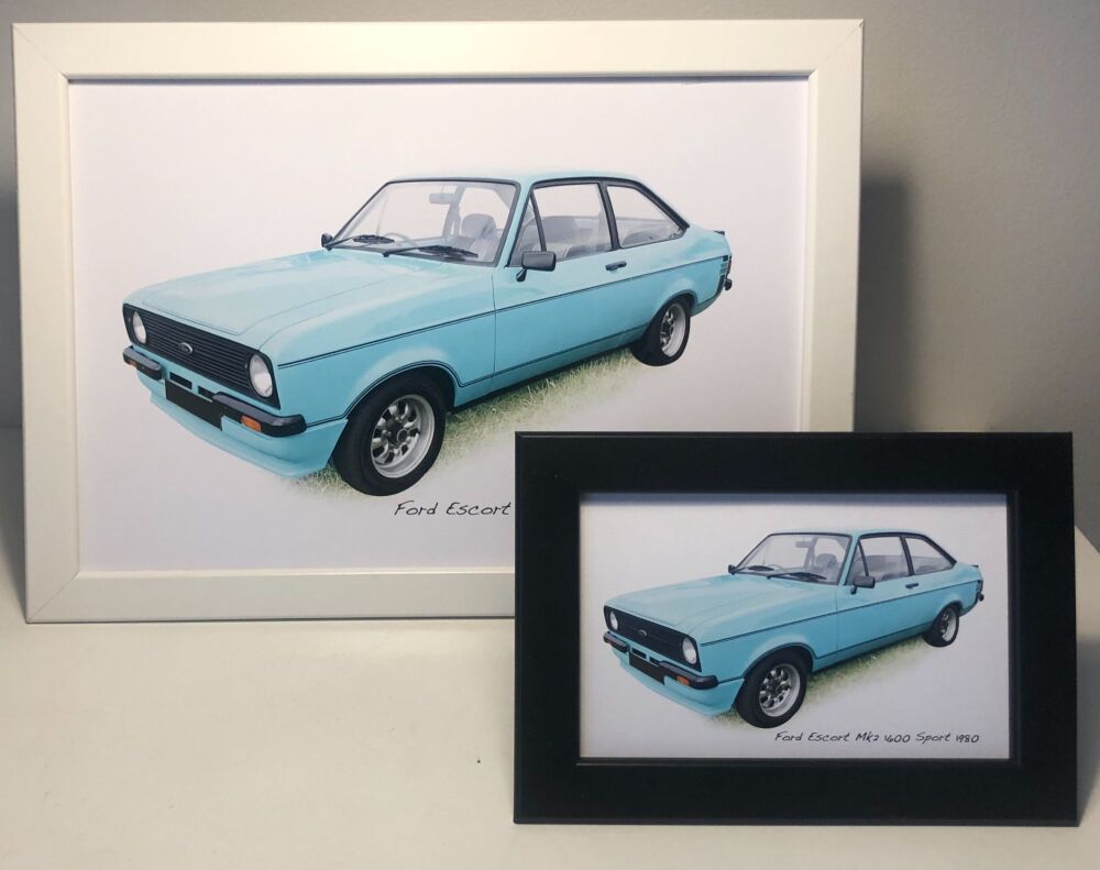 Ford Escort Mk2 1600GT 1980 (Blue) - Two Sizes (4x6in or A4) in either a Black or White Coloured Frame