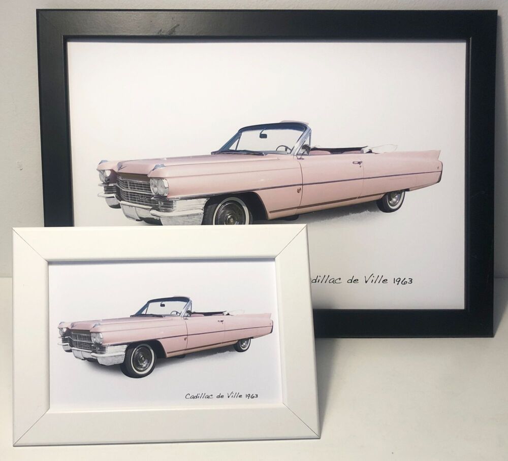 Cadillac de Ville 1963 (Pink) - Two Sizes (4x6in or A4) in either a Black or White Coloured Frame