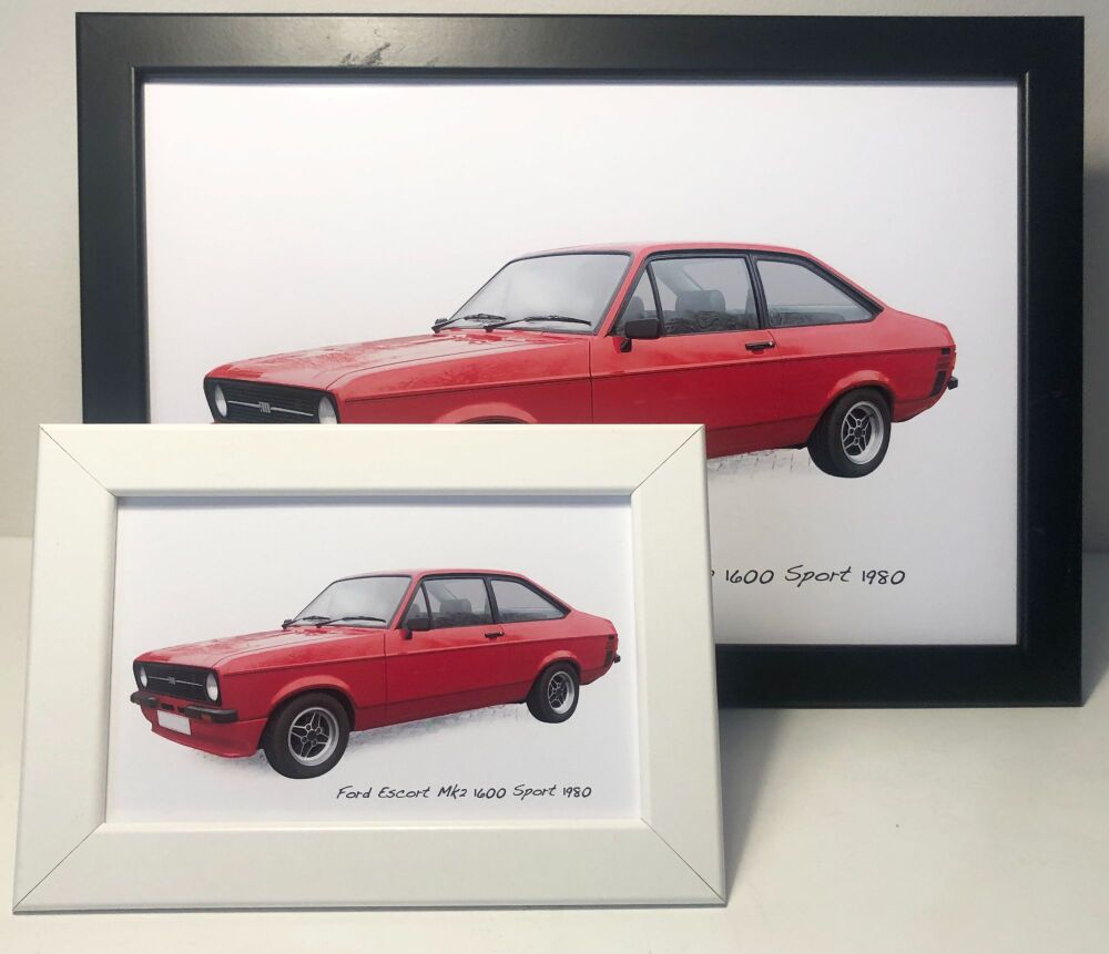 Ford Escort Mk2 1600GT 1980 (Red) - Two Sizes (4x6in or A4) in either a Black or White Coloured Frame