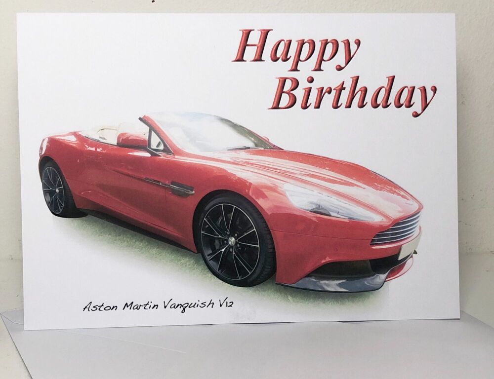 Aston Martin Vanquish V12 - Birthday, Anniversary, Retirement or Blank Card & Envelope