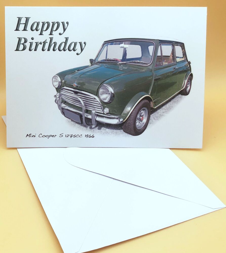 Mini Cooper S 1275cc 1966 - Birthday, Anniversary, Retirement or Blank Card & Envelope