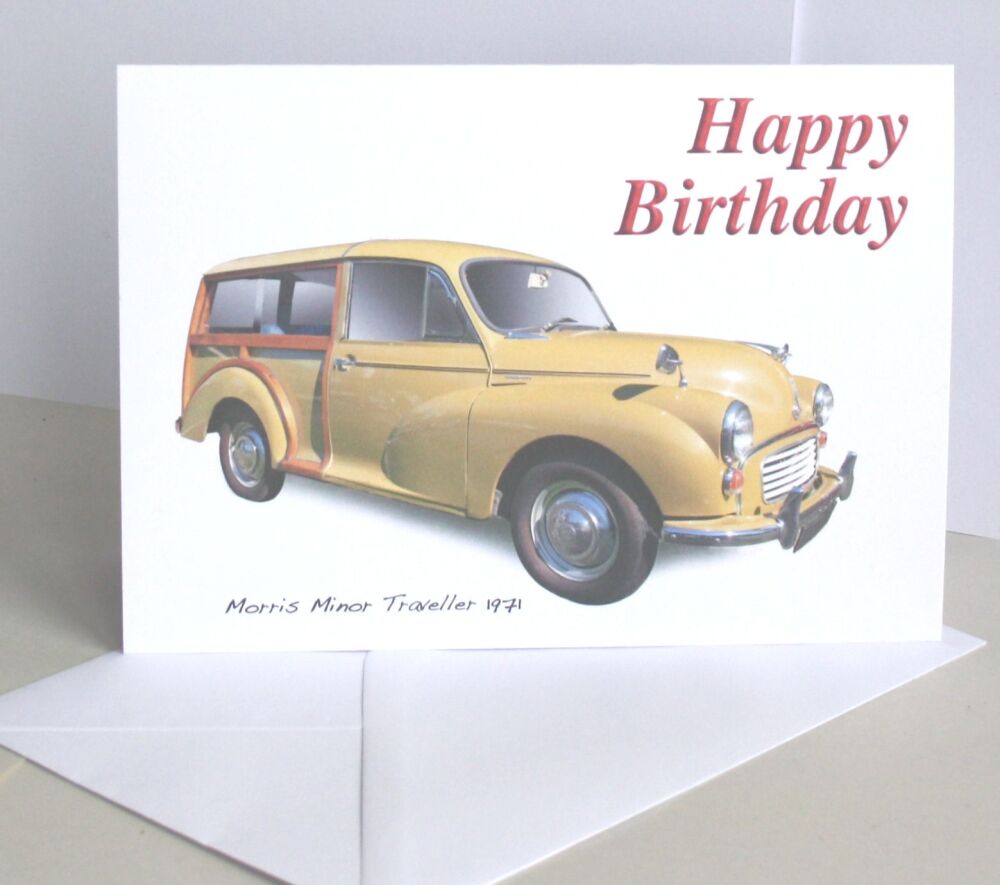 Morris Minor Traveller 1971 (Yellow) - Birthday, Anniversary, Retirement or Blank Card & Envelope
