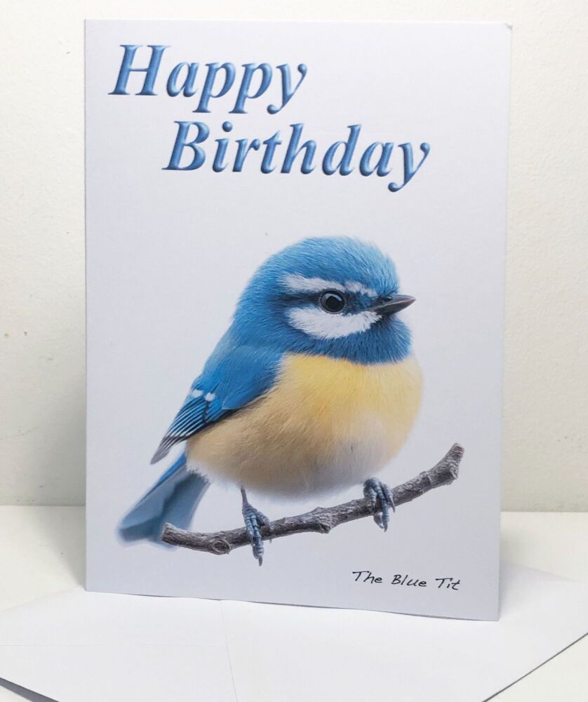 Blue Tit Greeting Card (5x7") - Happy Birthday or Blank Card & Envelope