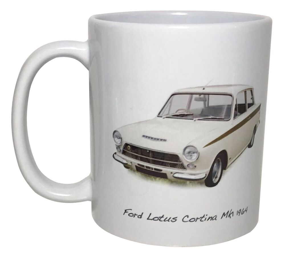 Ford Lotus Cortina Mk1 1964 - 11oz Ceramic Mug - Plain or with Stripes - Single, Pair(2) or Set of Four(4)