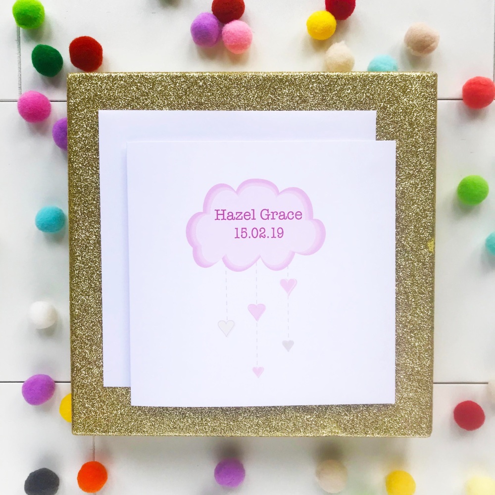 New Baby Girl - Pink Cloud Personalised with Date of Birth and Name
