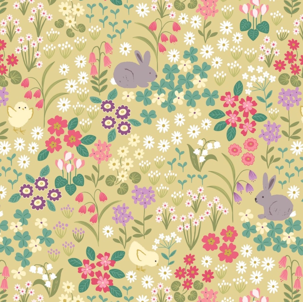 Bunny Hop - Bunny and Chick Floral on Spring Yellow