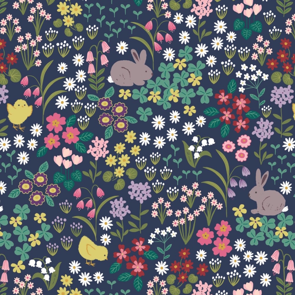 Bunny Hop - Bunny and Chick Floral on Dark Blue