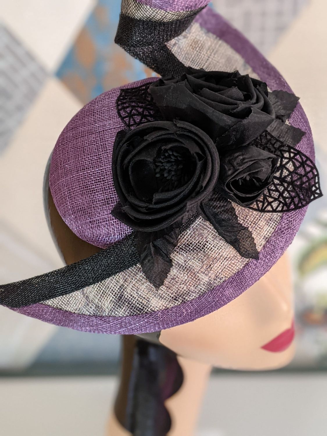 Purple Black and Ivory Spiral Sinamay Fascinator