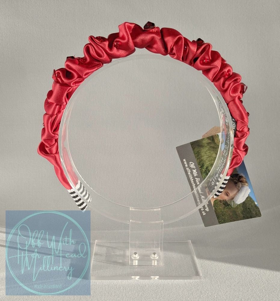 Red Ruched and Beaded Satin Headband
