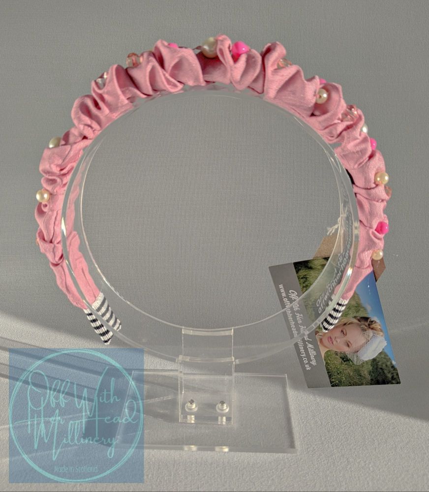 Pink Ruched and Beaded Satin Headband