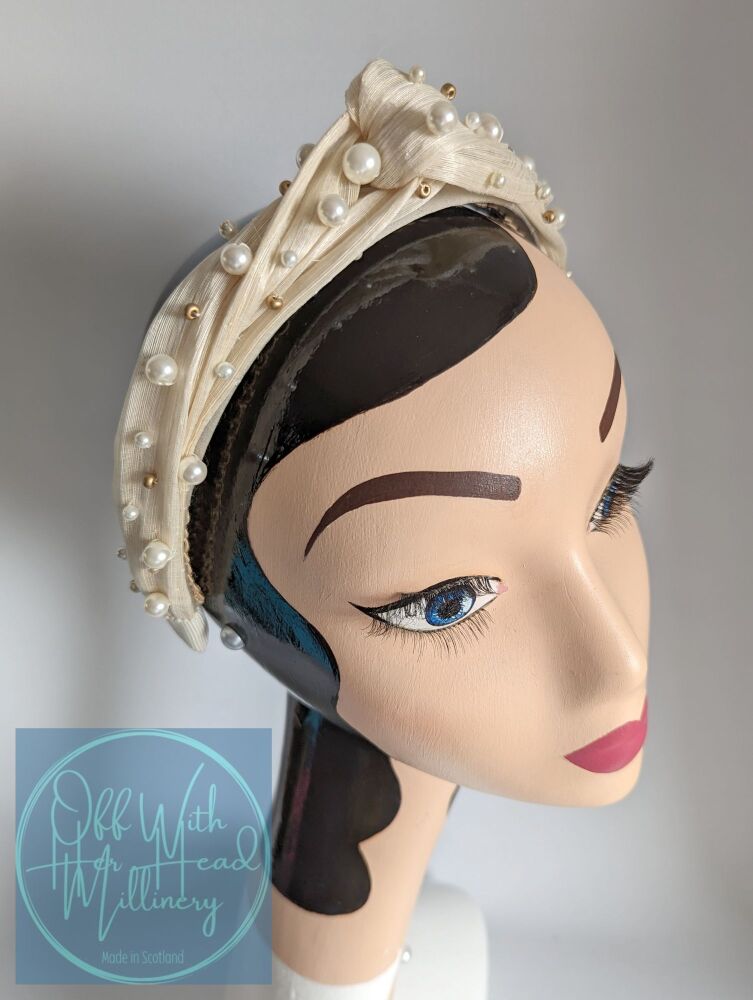 "Bianca" Cream Silk Abaca and Pearl Knot Twist Headband
