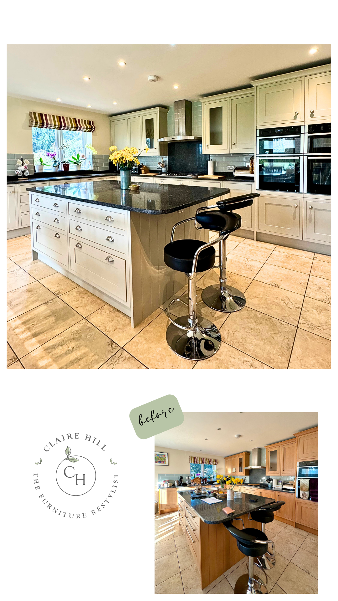 before and after of a kitchen restyle painted in farrow and ball drop cloth